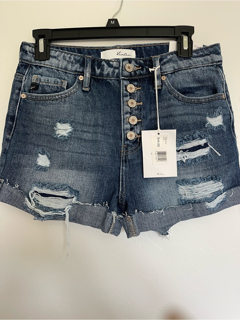 KanCan SZ 5 Distressed High-Rise Button-Fly Denim Shorts in Dark Blue Wash
